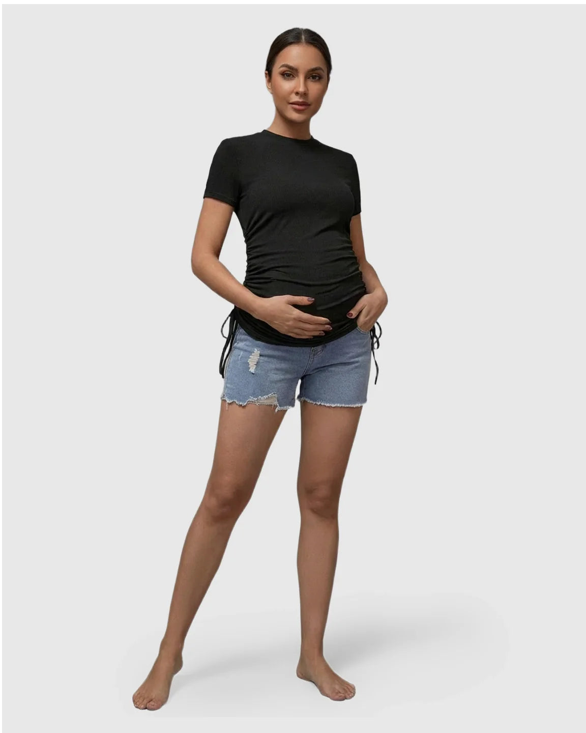 Bump Society – The Comfort Collection: Ruched Waist Casual Maternity Top With Denim Shorts