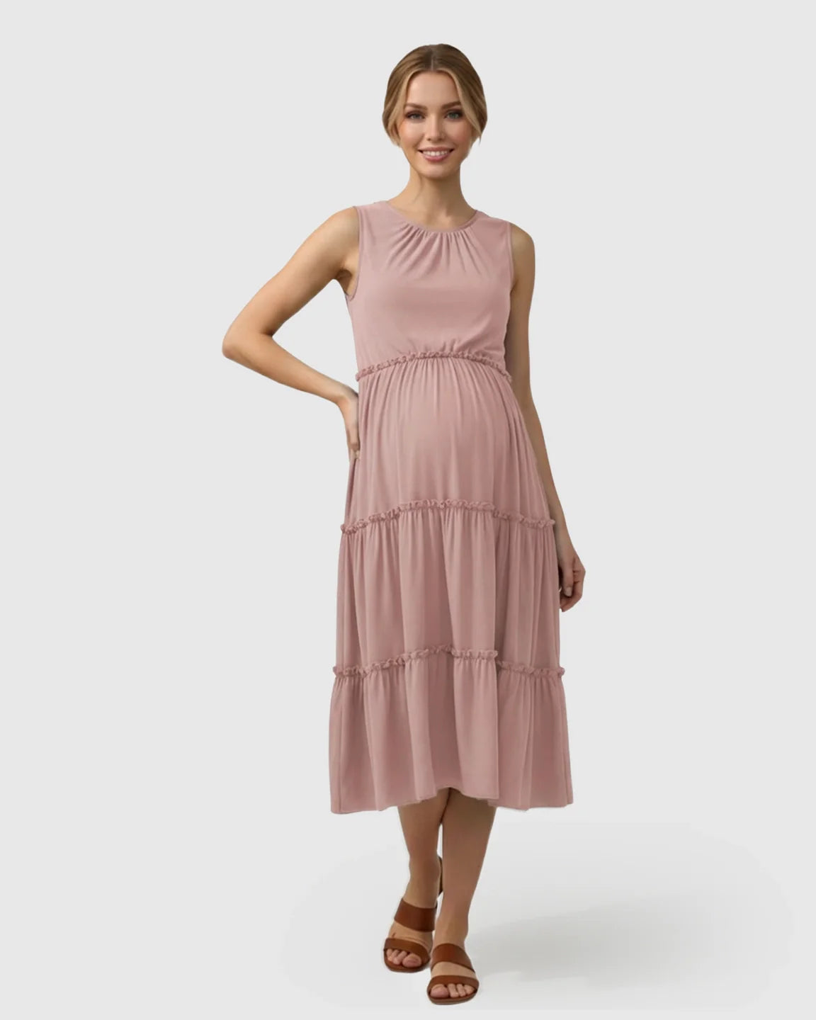 Bump Society – The Comfort Collection: Tiered Ruffle Skirt Casual Maternity Midi Dress
