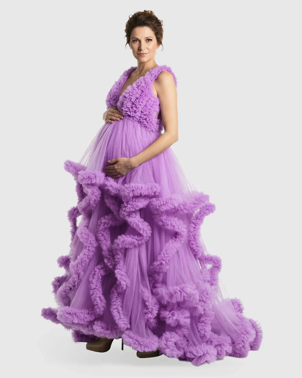 Bump Society – The Comfort Collection: Ruffled Bodice Multi-Layer Mesh Pleats Maternity Gown