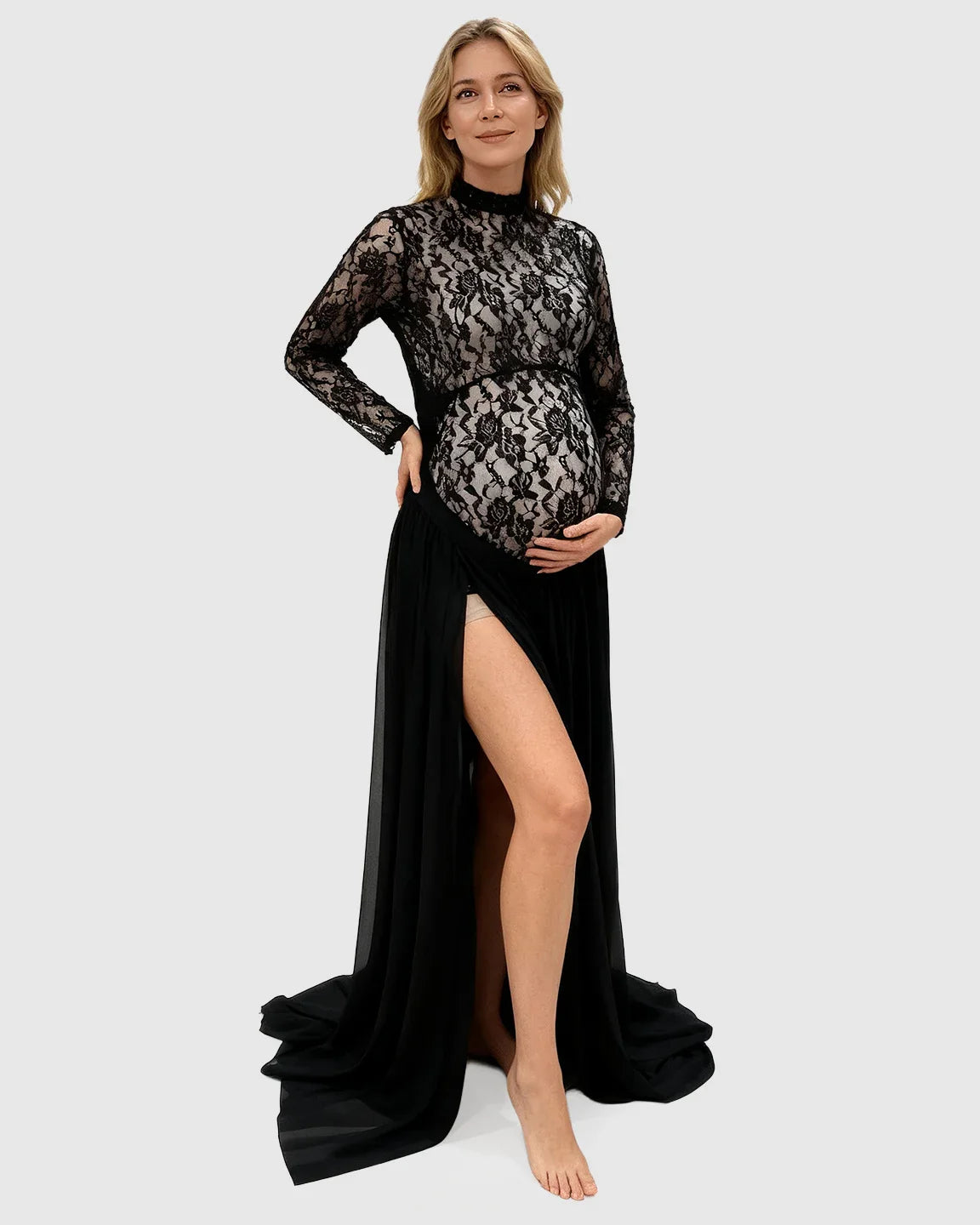 Bump Society – The Comfort Collection: Sheer Lace Double Slit Maternity Photoshoot Gown