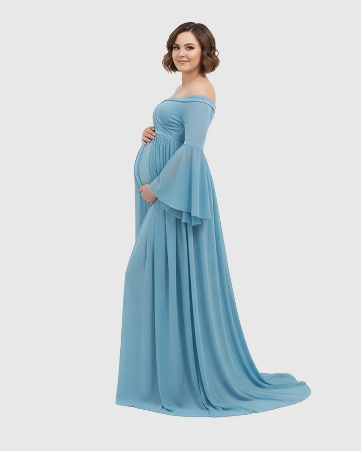 Maternity photoshoot gown in blue chiffon with off-shoulder neckline, bell sleeves, and a super long train.