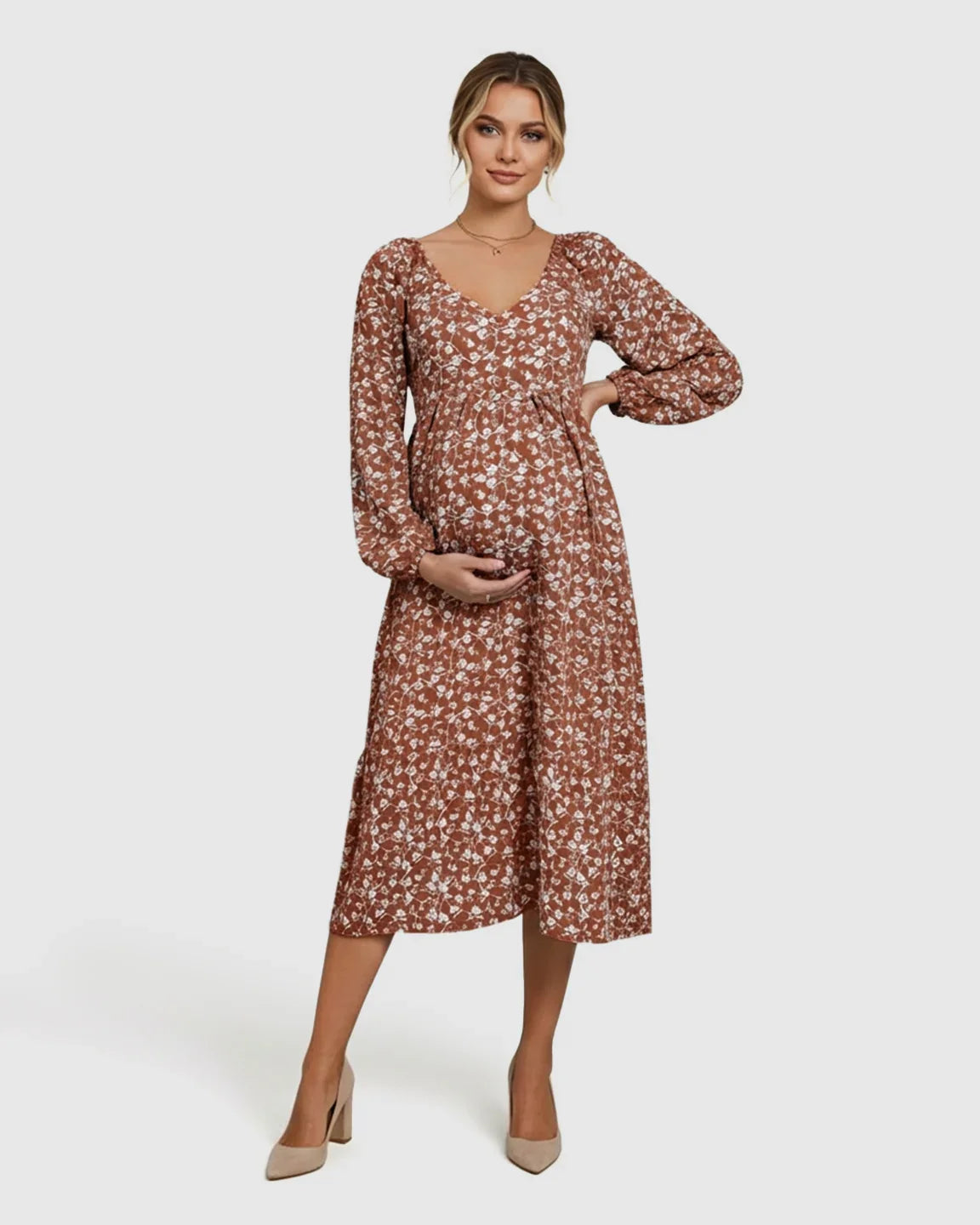 Bump Society – The Comfort Collection: Floral Print Chiffon Flowing Maternity Midi Dress