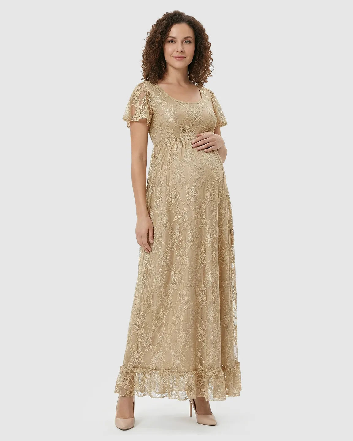 Bump Society – The Comfort Collection: Ruffled Hem Floral Lace Maternity Photoshoot Dress