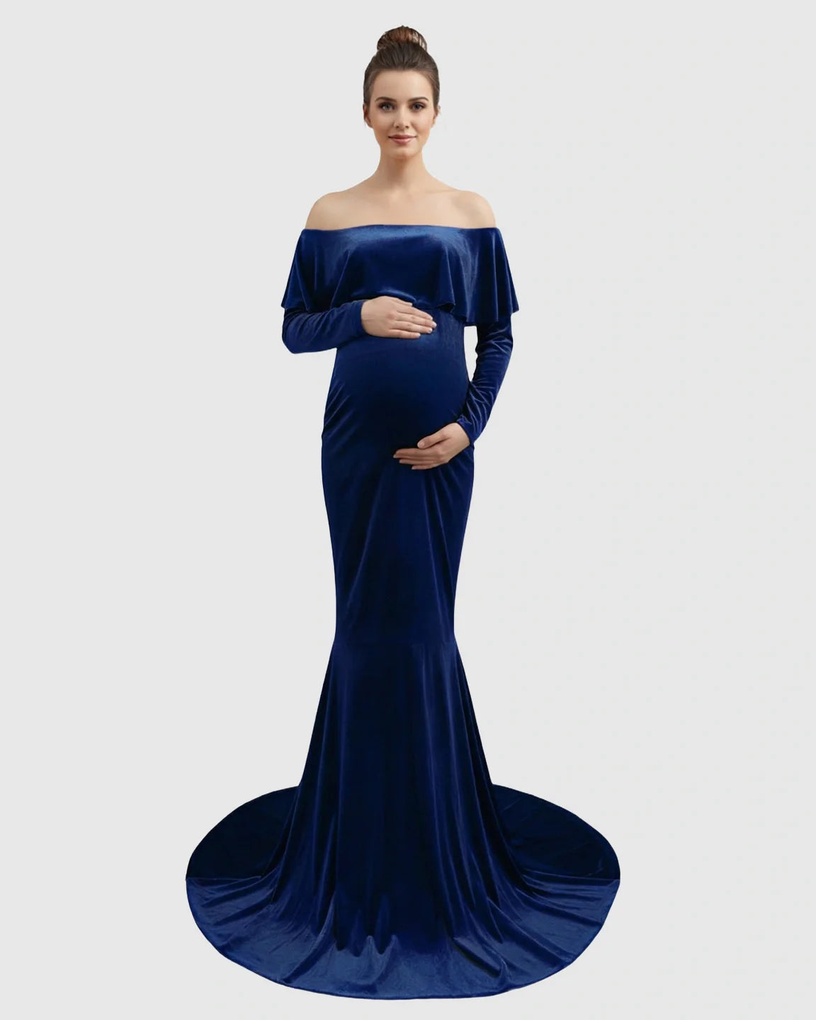 Elegant navy velvet off-shoulder maternity gown with long sleeves, fitted silhouette, and flowing train.