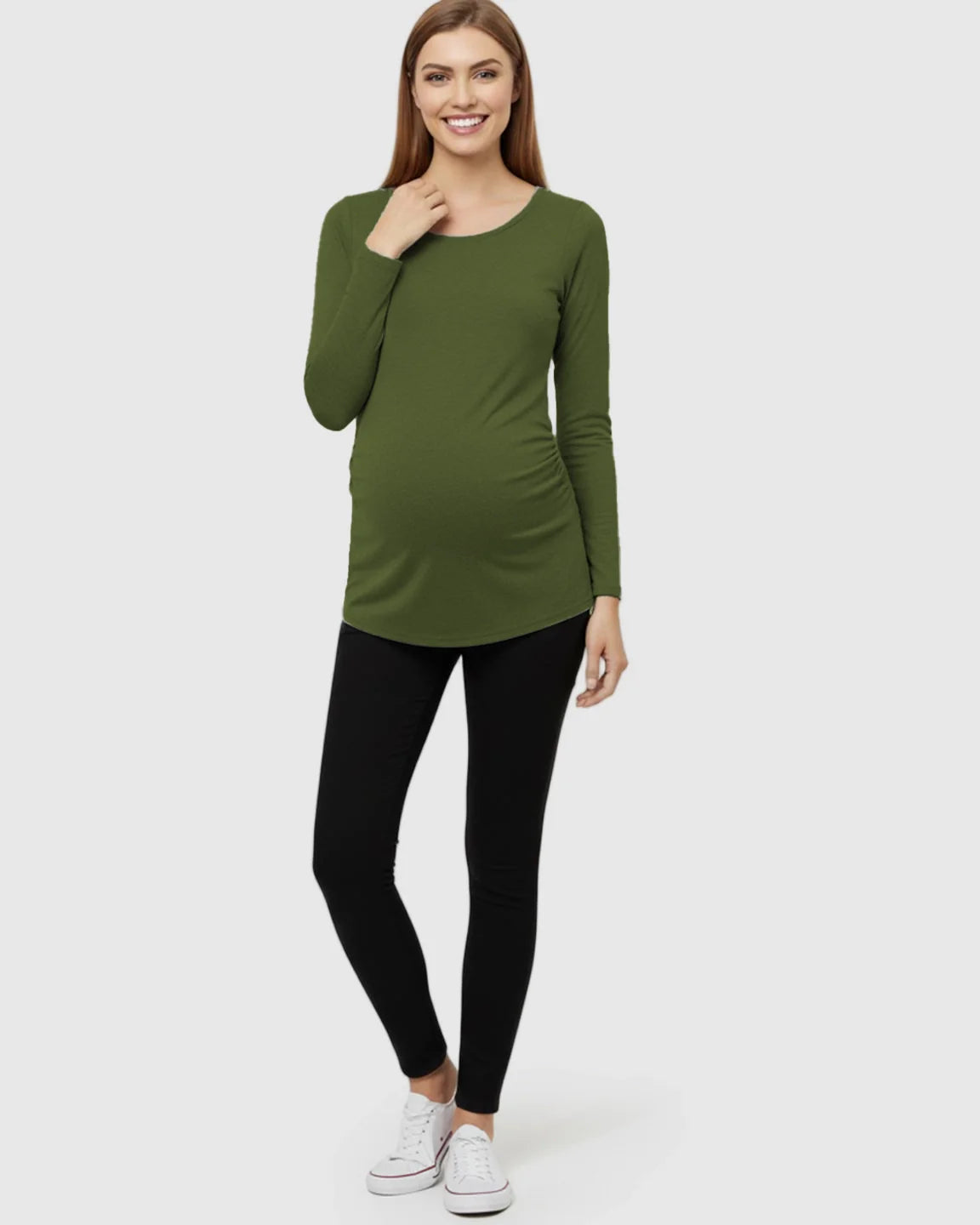 Bump Society – The Comfort Collection: Side Ruched Slim Fit Long Sleeve Maternity Top