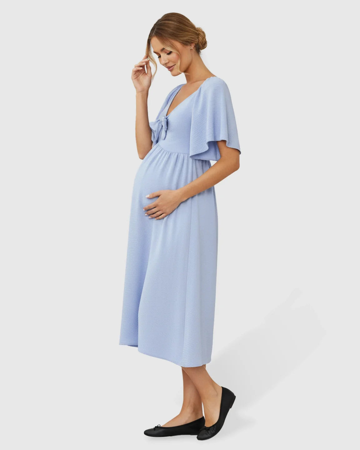 Bump Society – The Comfort Collection: Tie-Knot Front Swing Silhouette Maternity Midi Dress