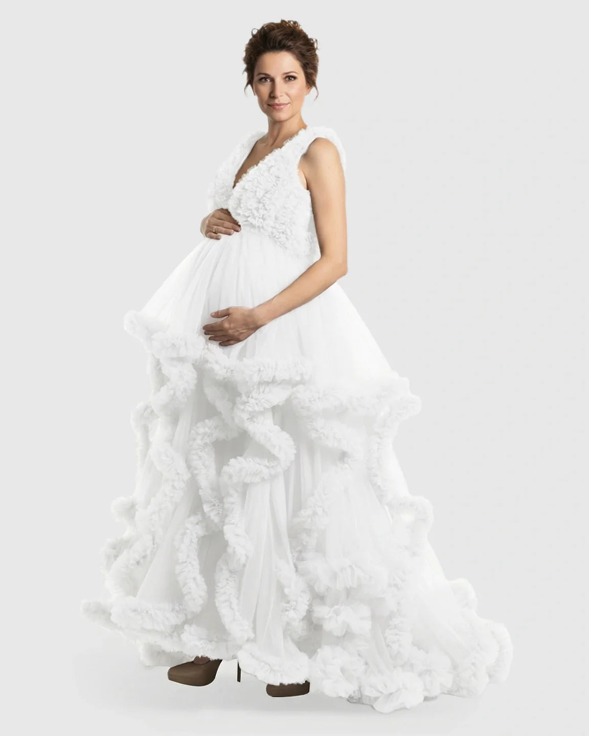 Bump Society – The Comfort Collection: Ruffled Bodice Multi-Layer Mesh Pleats Maternity Gown