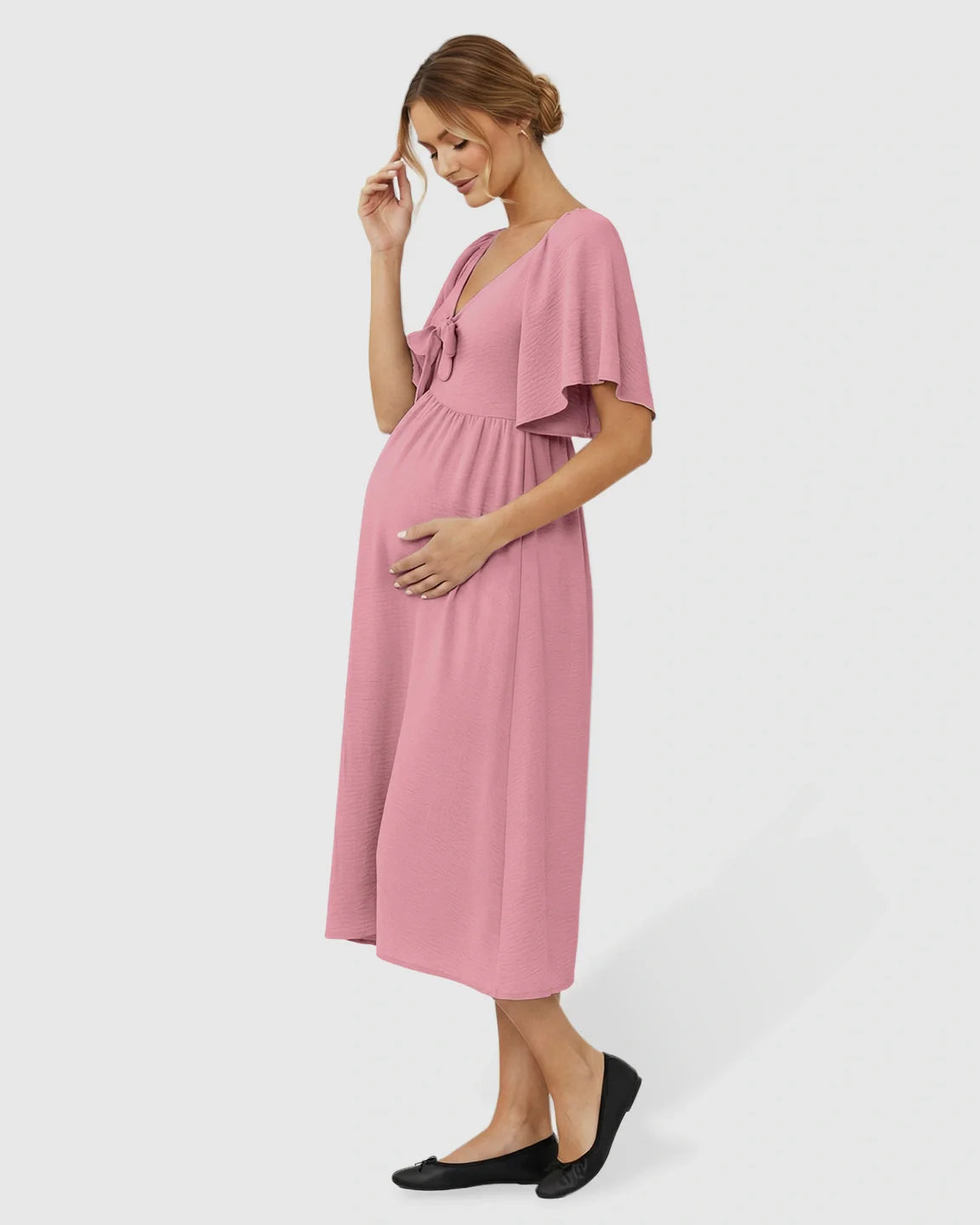 Bump Society – The Comfort Collection: Tie-Knot Front Swing Silhouette Maternity Midi Dress