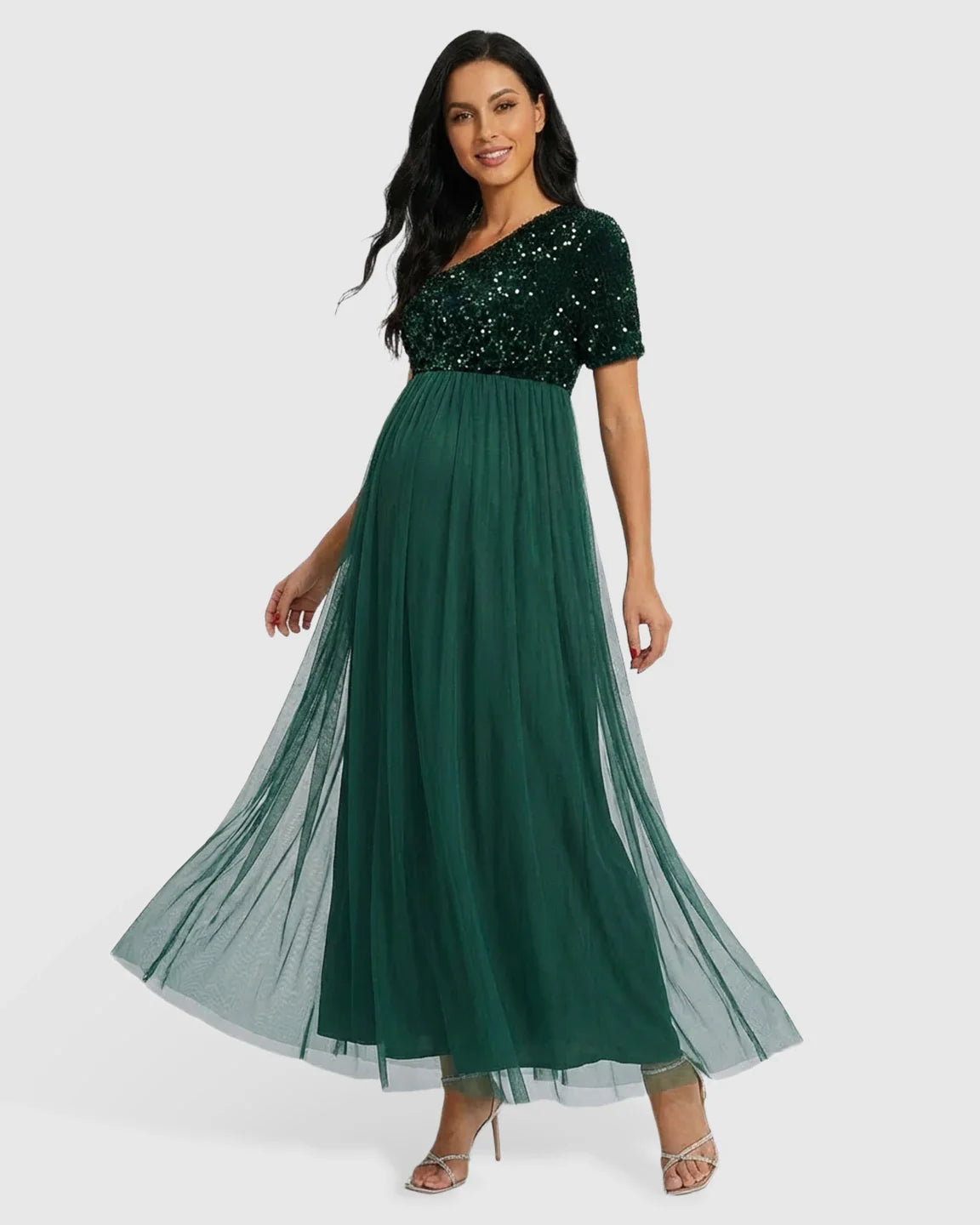 Bump Society – The Comfort Collection: Sequin One-Shoulder Flowy Maternity Maxi Dress