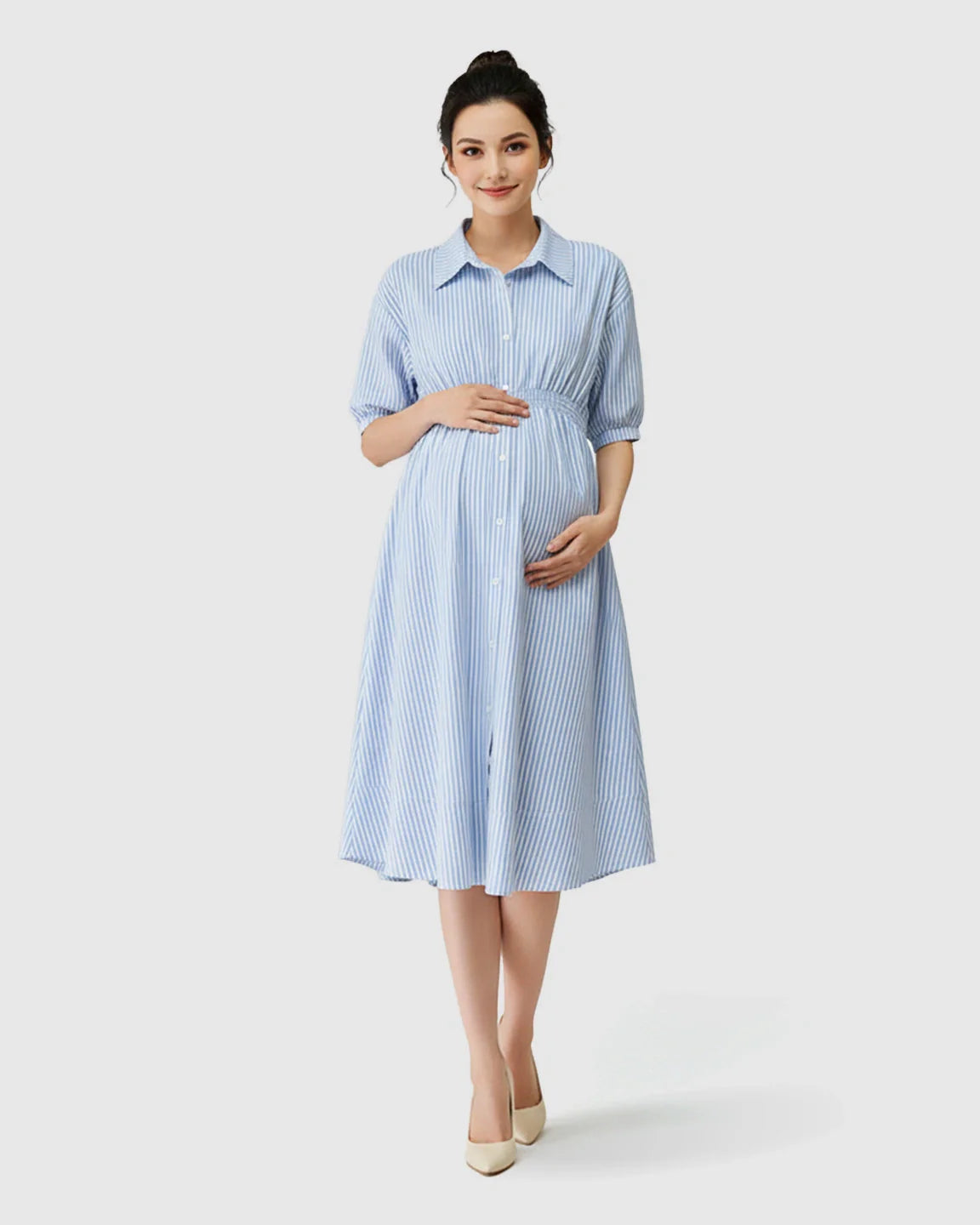 Bump Society – The Comfort Collection: Gathered Waist Striped Shirt Maternity Dress