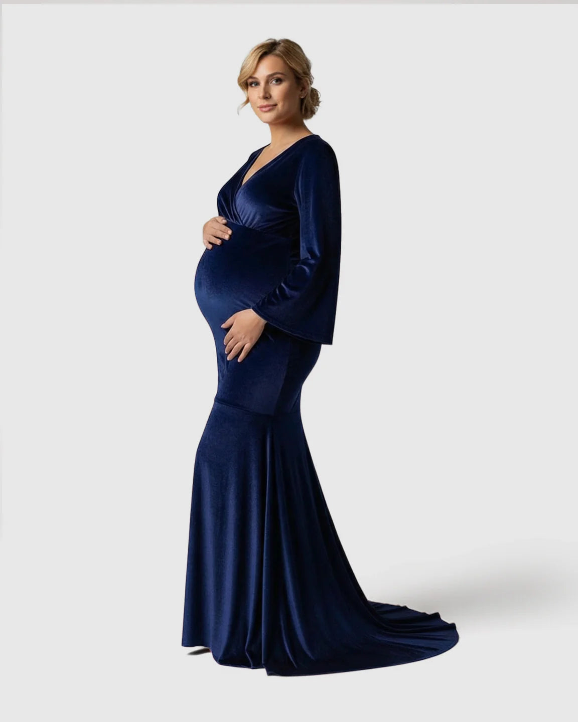 Bump Society – The Comfort Collection: Long-Sleeve Mermaid Train Maternity Photoshoot Gown