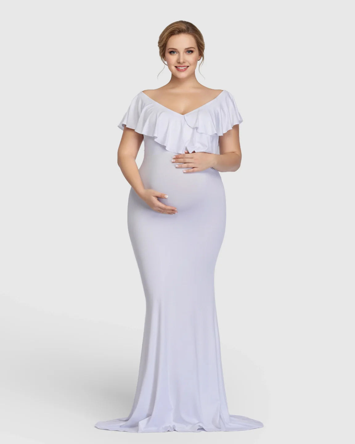 Bump Society – The Comfort Collection: Off-Shoulder Ruffled Bodycon Maternity Maxi Dress