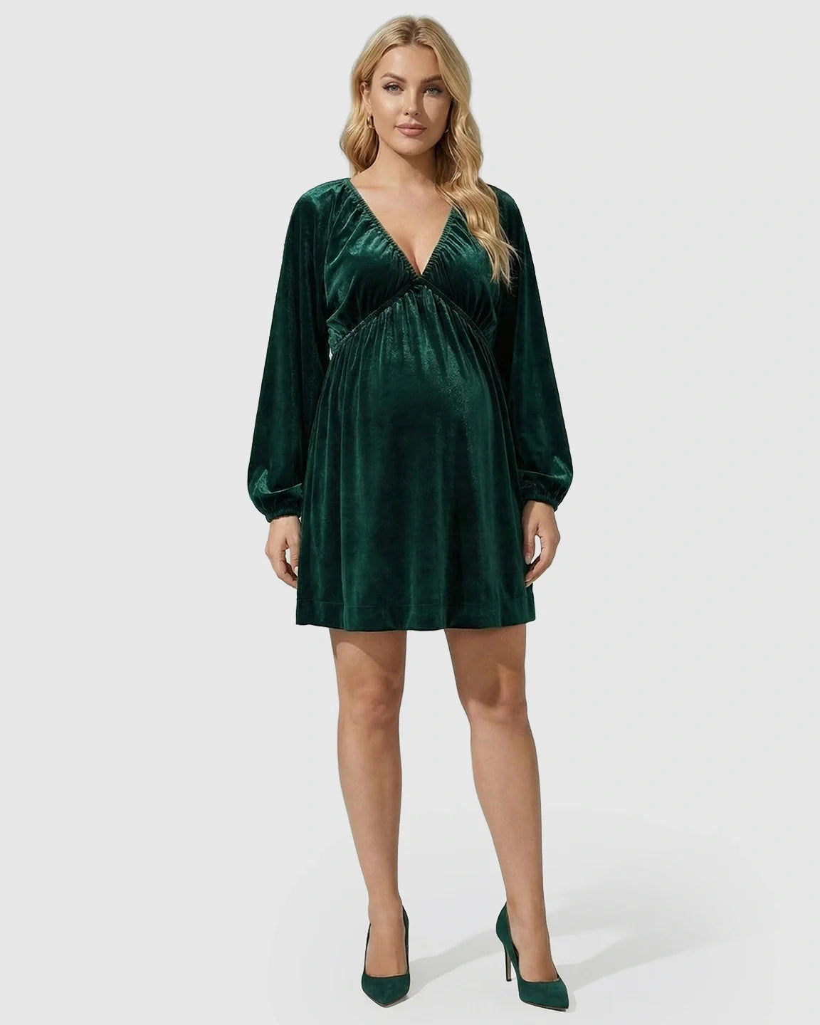 Bump Society – The Comfort Collection: Velvet V-Neck Bishop Sleeve Maternity Mini Dress