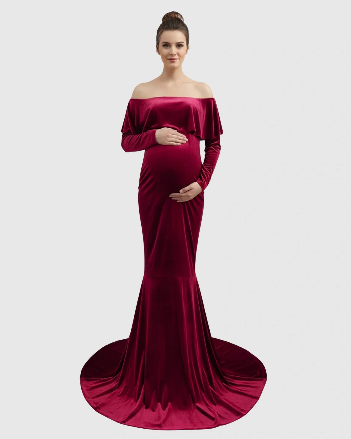 Elegant velvet-touch off-shoulder maternity gown in deep red with a fitted silhouette and flowing train.