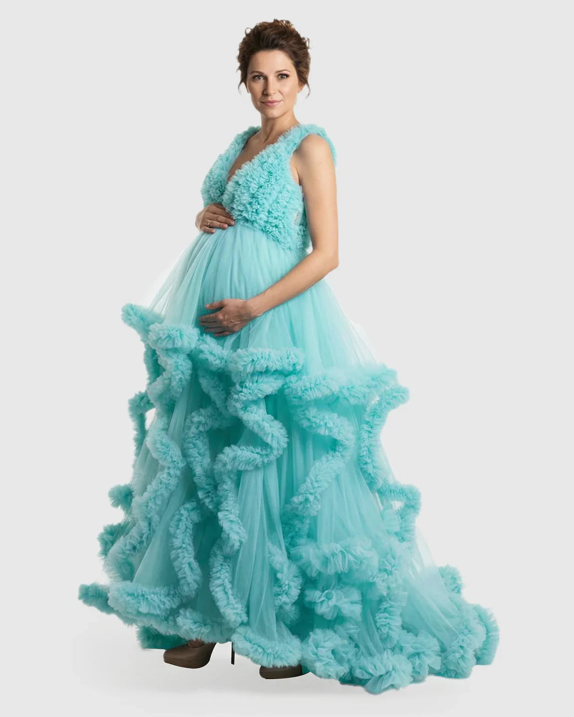 Bump Society – The Comfort Collection: Ruffled Bodice Multi-Layer Mesh Pleats Maternity Gown