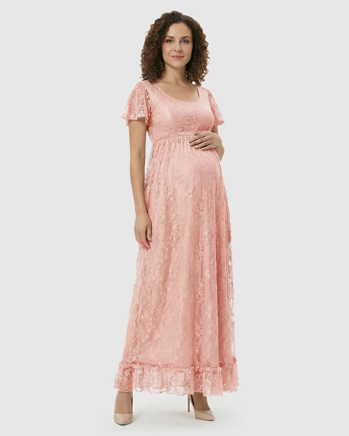 Bump Society – The Comfort Collection: Ruffled Hem Floral Lace Maternity Photoshoot Dress