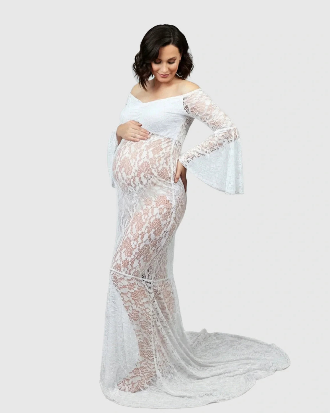 Bump Society – The Comfort Collection: Bell Lace Sleeve Trailing Maternity Gown