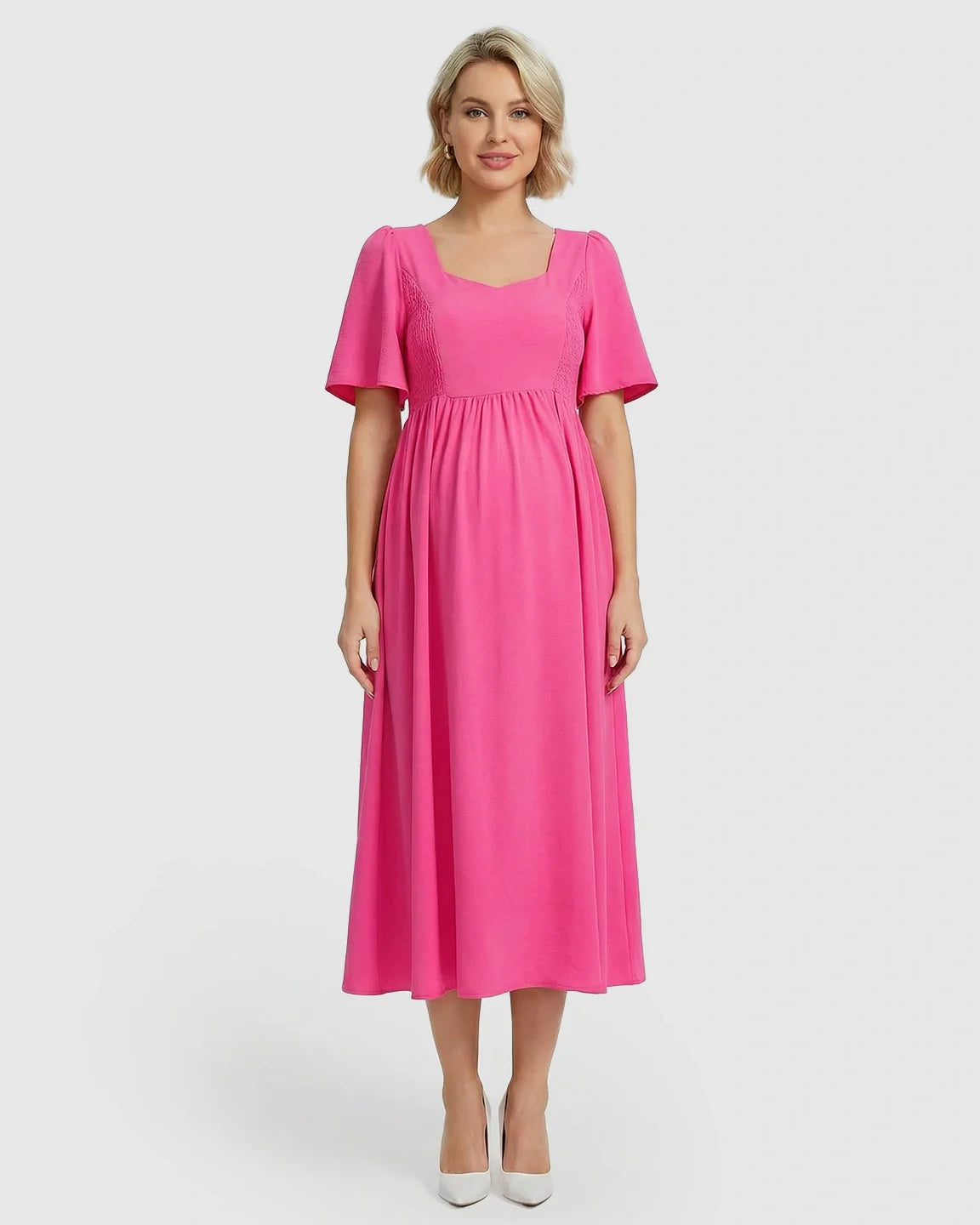 Bump Society – The Comfort Collection: Shirred Ruffle Sleeve Swing Maternity Midi Dress