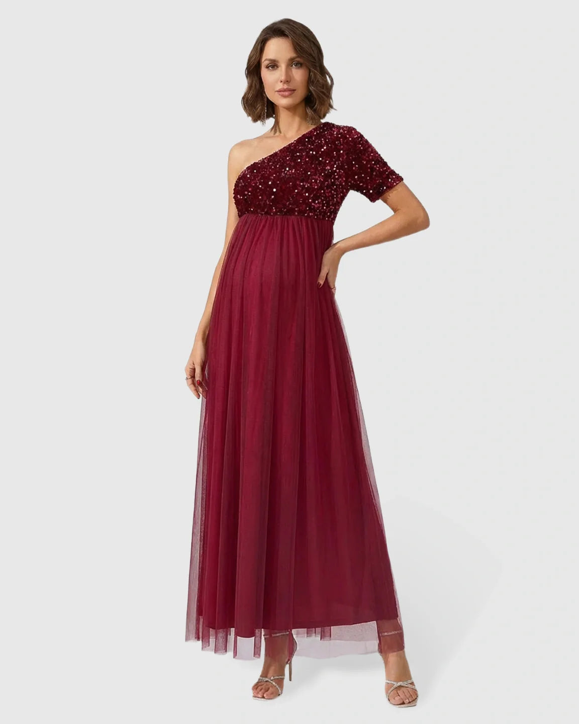 Bump Society – The Comfort Collection: Sequin One-Shoulder Flowy Maternity Maxi Dress