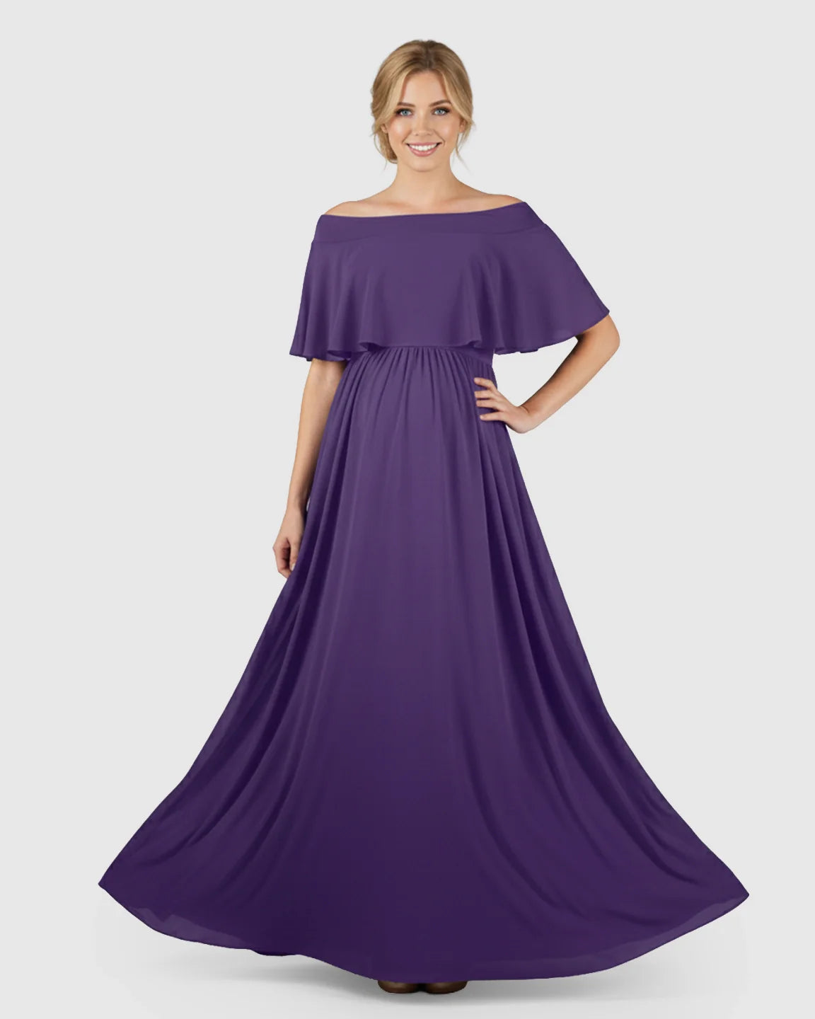 Smiling pregnant woman in a flowing purple chiffon off-shoulder bohemian maternity photoshoot dress.