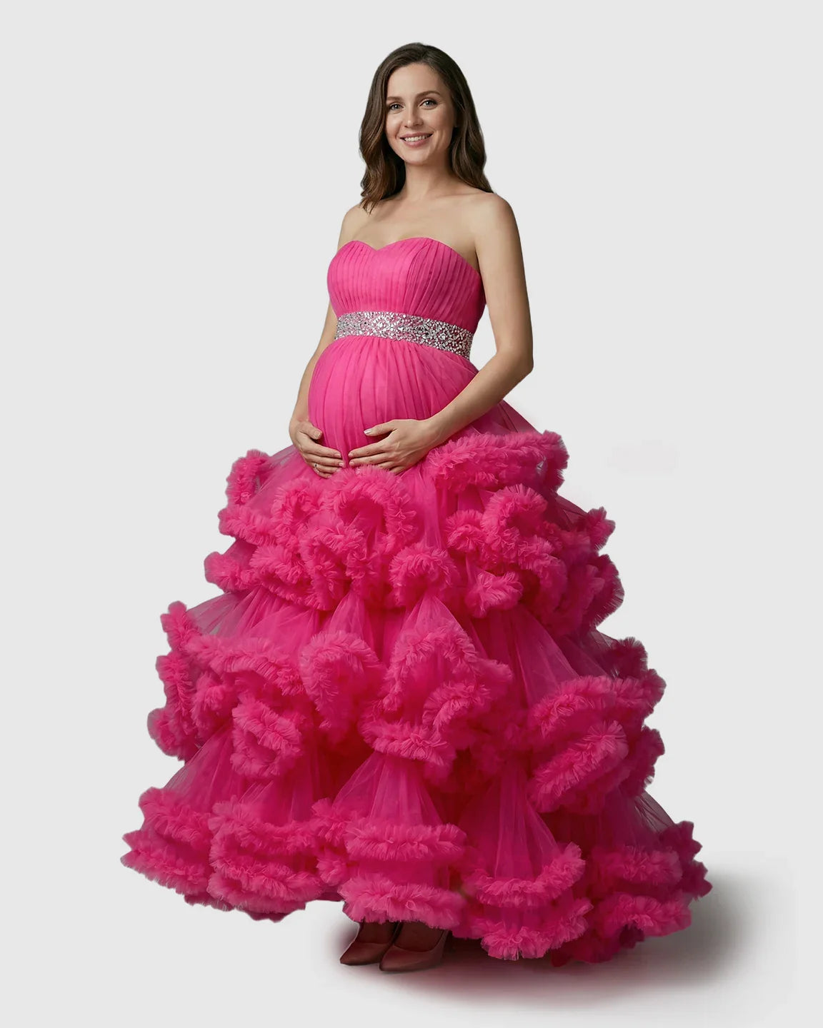 Bump Society – The Comfort Collection: Strapless Bodice Multi-Layered Ruffled Skirt Maternity Photoshoot Dress