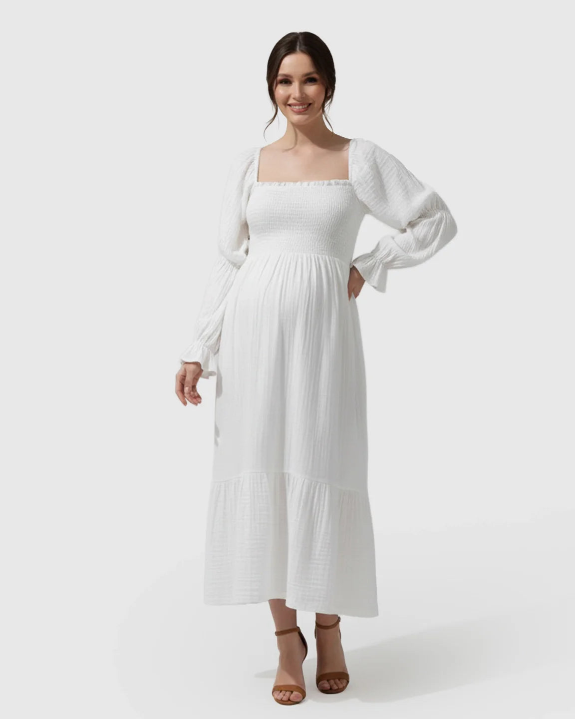 Bump Society – The Comfort Collection: Puffed Long-Sleeve Tiered Skirt Maternity Maxi Dress