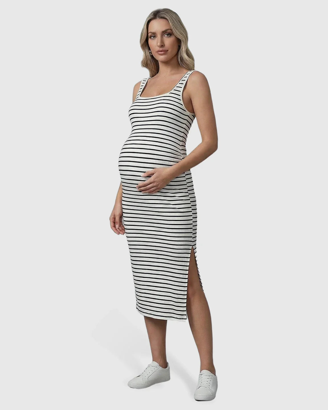 Bump Society – The Comfort Collection: Stripe Print Side Slit Maternity Midi Dress