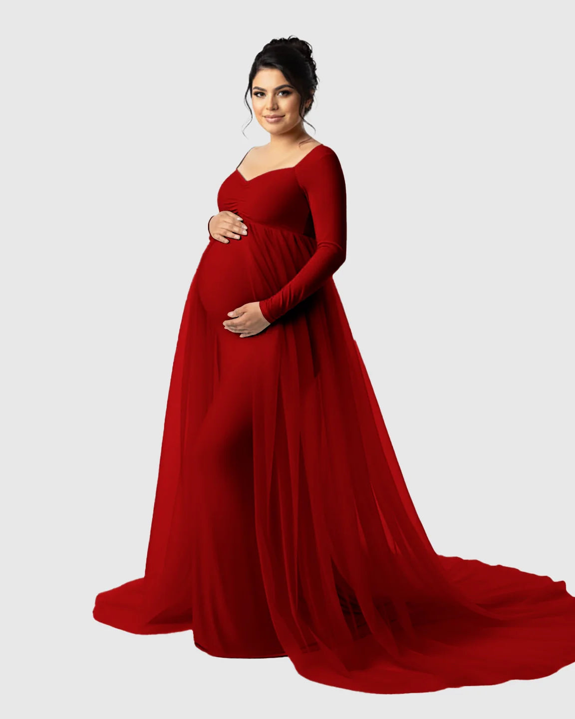 Bump Society – The Comfort Collection: Sheer Mesh Flowy Train Maternity Maxi Dress