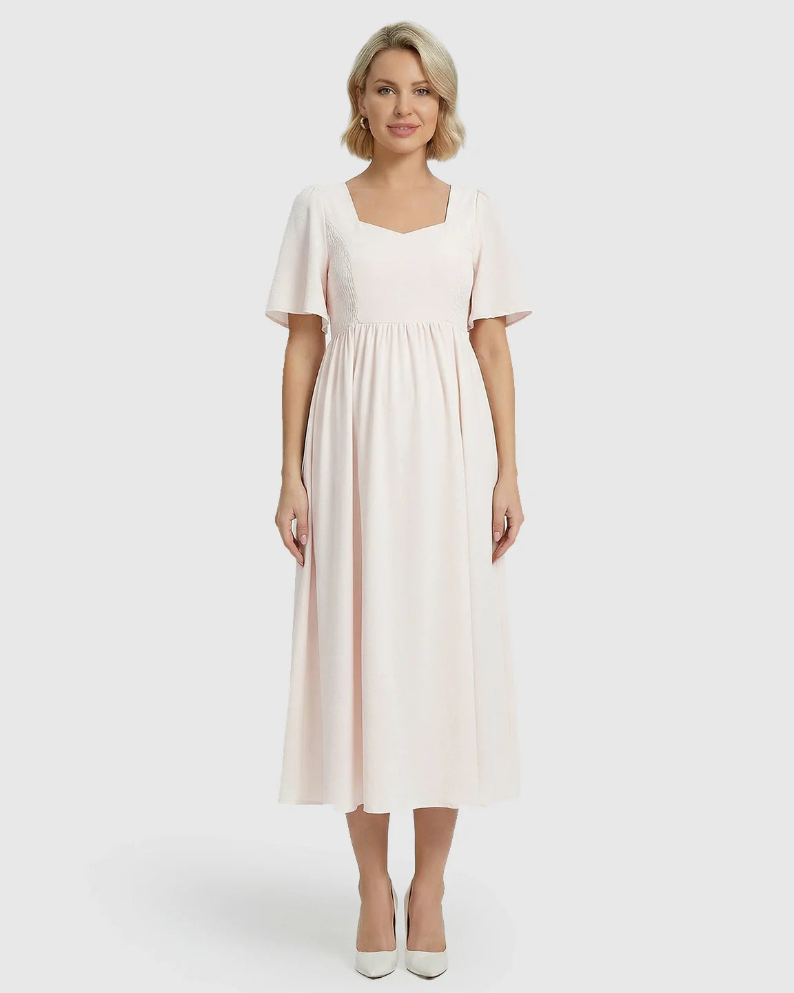 Bump Society – The Comfort Collection: Shirred Ruffle Sleeve Swing Maternity Midi Dress