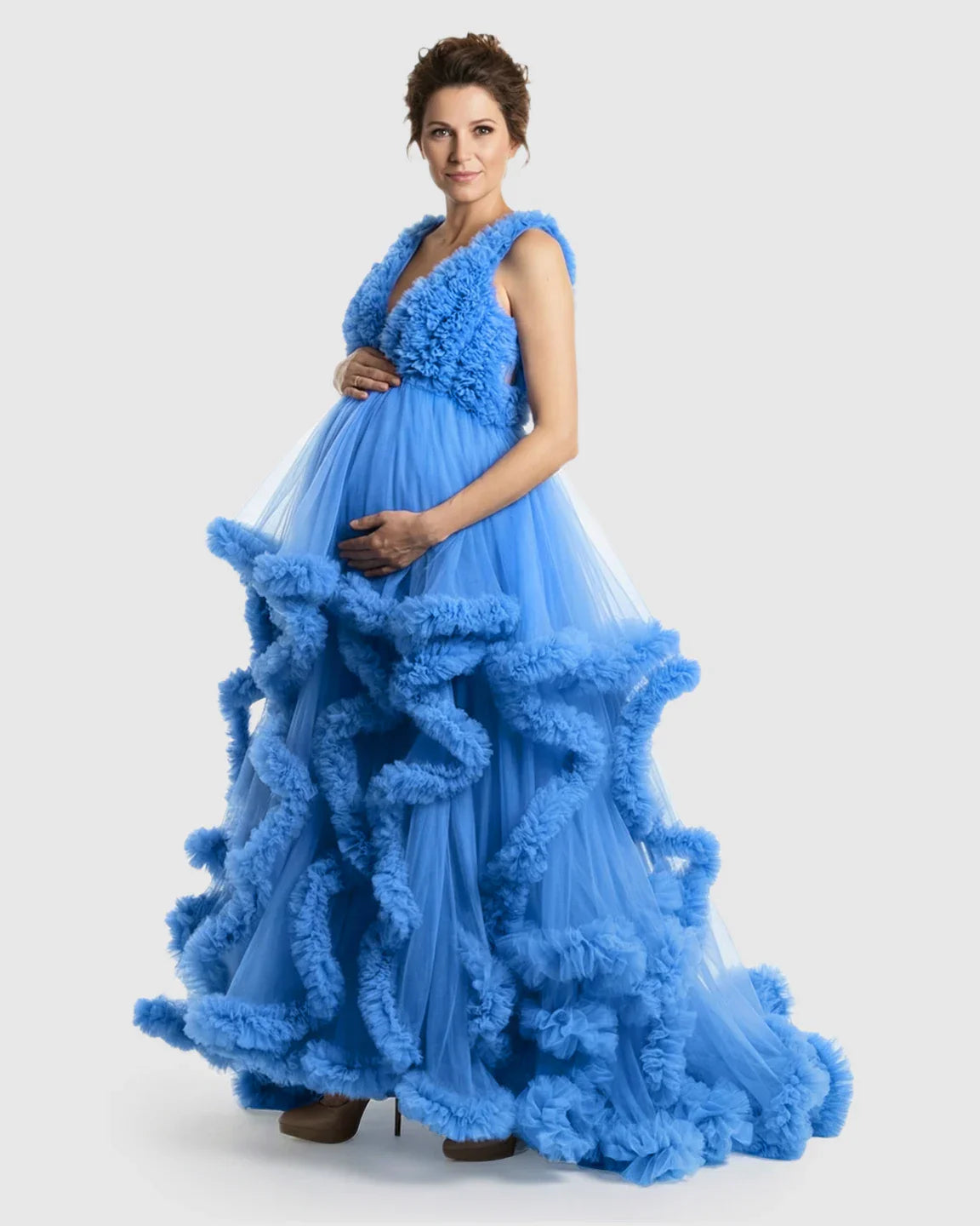 Bump Society – The Comfort Collection: Ruffled Bodice Multi-Layer Mesh Pleats Maternity Gown