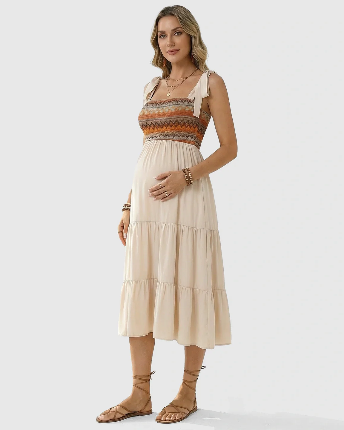 Bump Society – The Comfort Collection: Smocked Ethnic Bodice Tiered A-Line Maternity Sundress