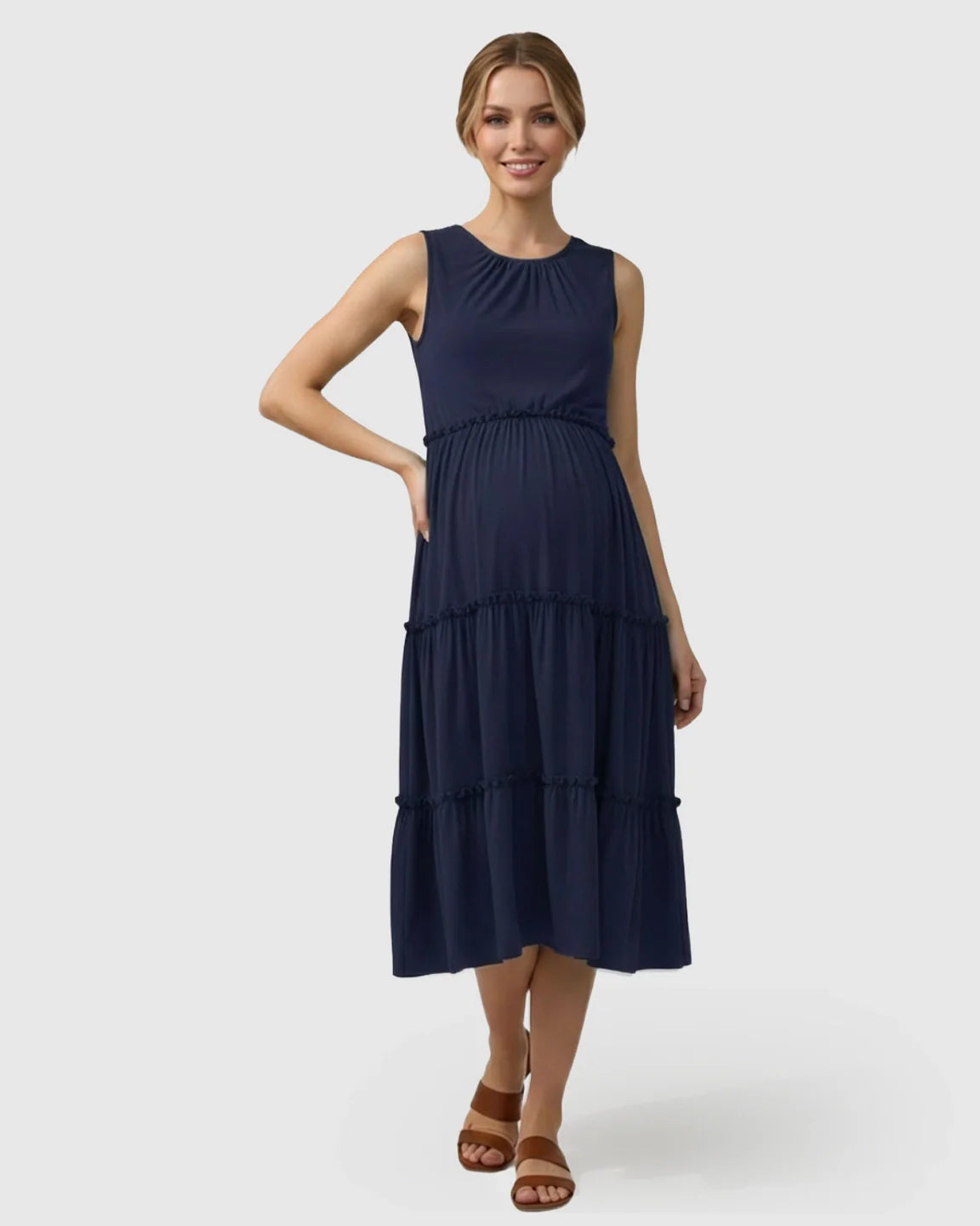 Bump Society – The Comfort Collection: Tiered Ruffle Skirt Casual Maternity Midi Dress
