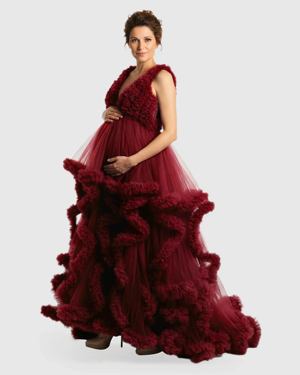 Bump Society – The Comfort Collection: Ruffled Bodice Multi-Layer Mesh Pleats Maternity Gown