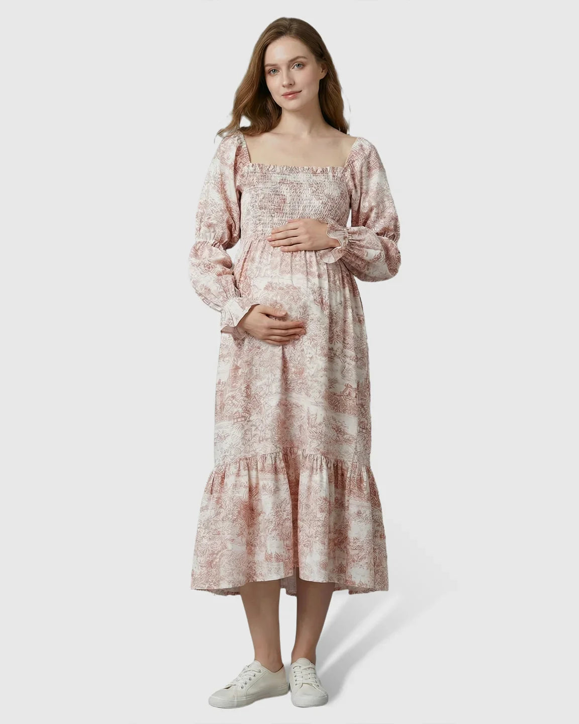 Bump Society – The Comfort Collection: Puffed Long-Sleeve Tiered Skirt Maternity Maxi Dress