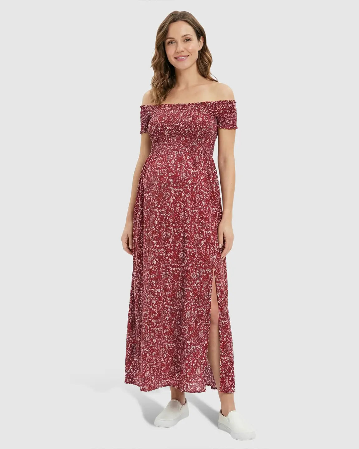 Bump Society – The Comfort Collection: Off-Shoulder Floral Pattern Maternity Maxi Dress