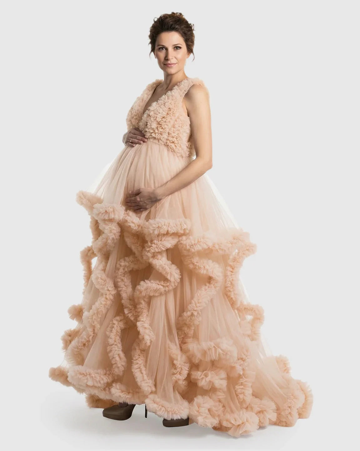 Bump Society – The Comfort Collection: Ruffled Bodice Multi-Layer Mesh Pleats Maternity Gown