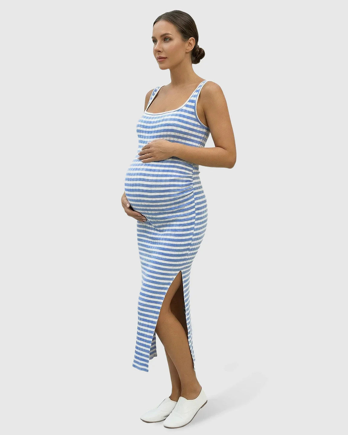 Bump Society – The Comfort Collection: Striped Side Slit Maternity Midi Dress