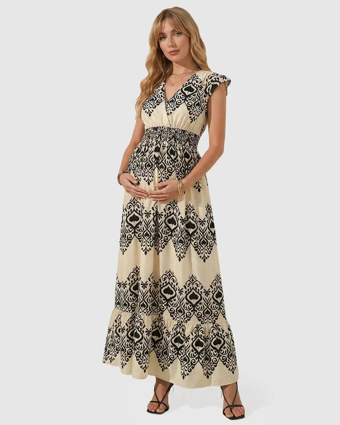 Bump Society – The Comfort Collection: V-neck Ethnic Print Maternity Maxi Dress