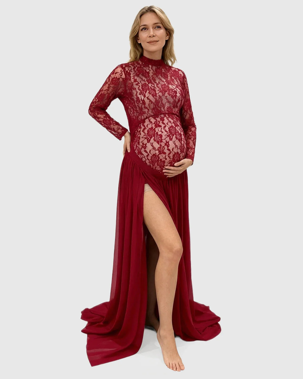 Bump Society – The Comfort Collection: Sheer Lace Double Slit Maternity Photoshoot Gown