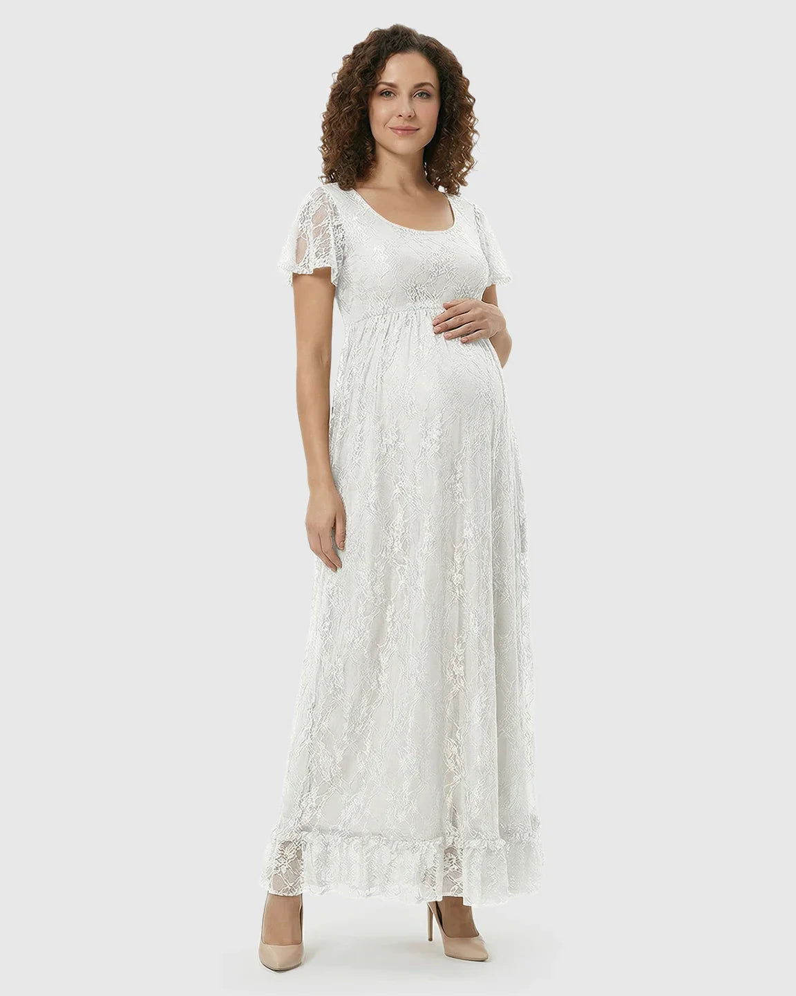 Bump Society – The Comfort Collection: Ruffled Hem Floral Lace Maternity Photoshoot Dress