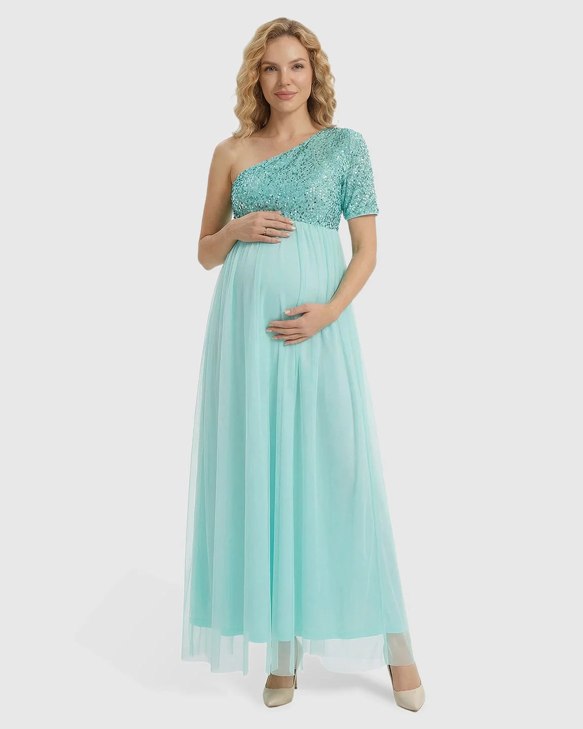 Bump Society – The Comfort Collection: Sequin One-Shoulder Flowy Maternity Maxi Dress