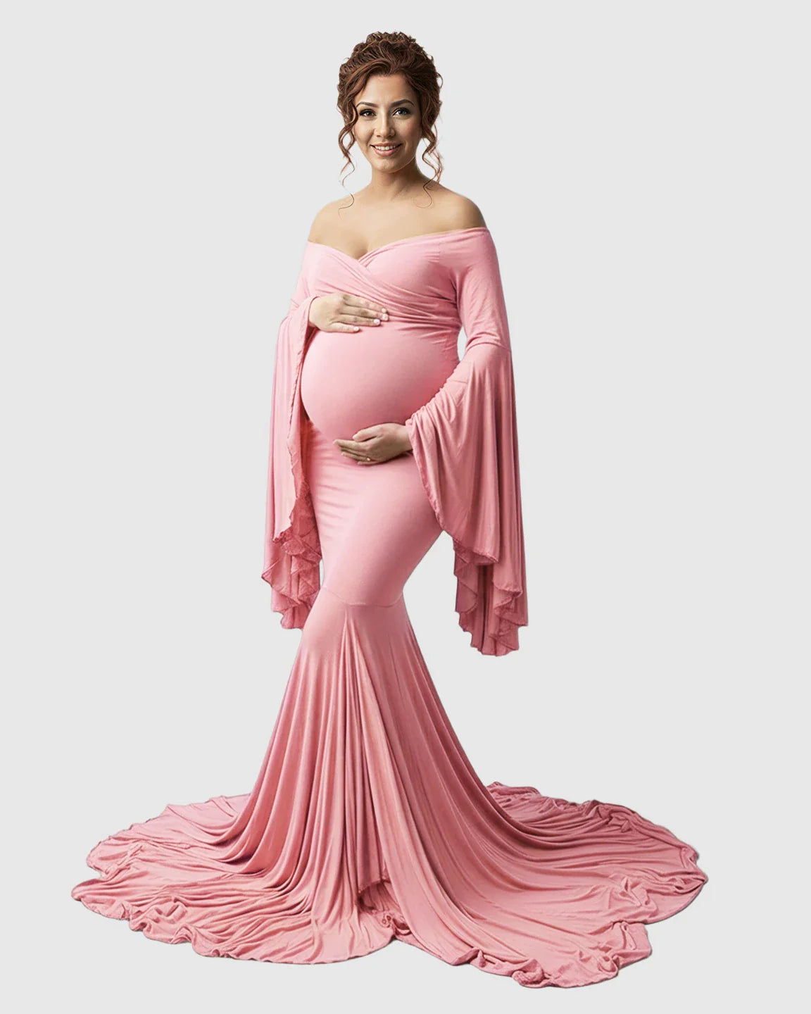 Bump Society – The Comfort Collection: Flared Sleeve Fishtail Train Maternity Photoshoot Dress