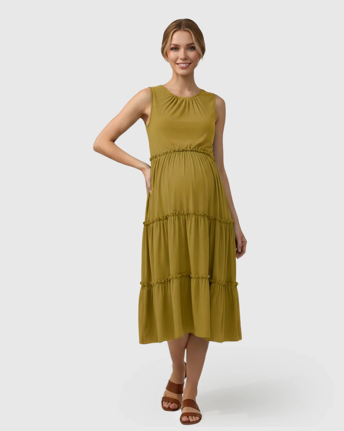 Bump Society – The Comfort Collection: Tiered Ruffle Skirt Casual Maternity Midi Dress