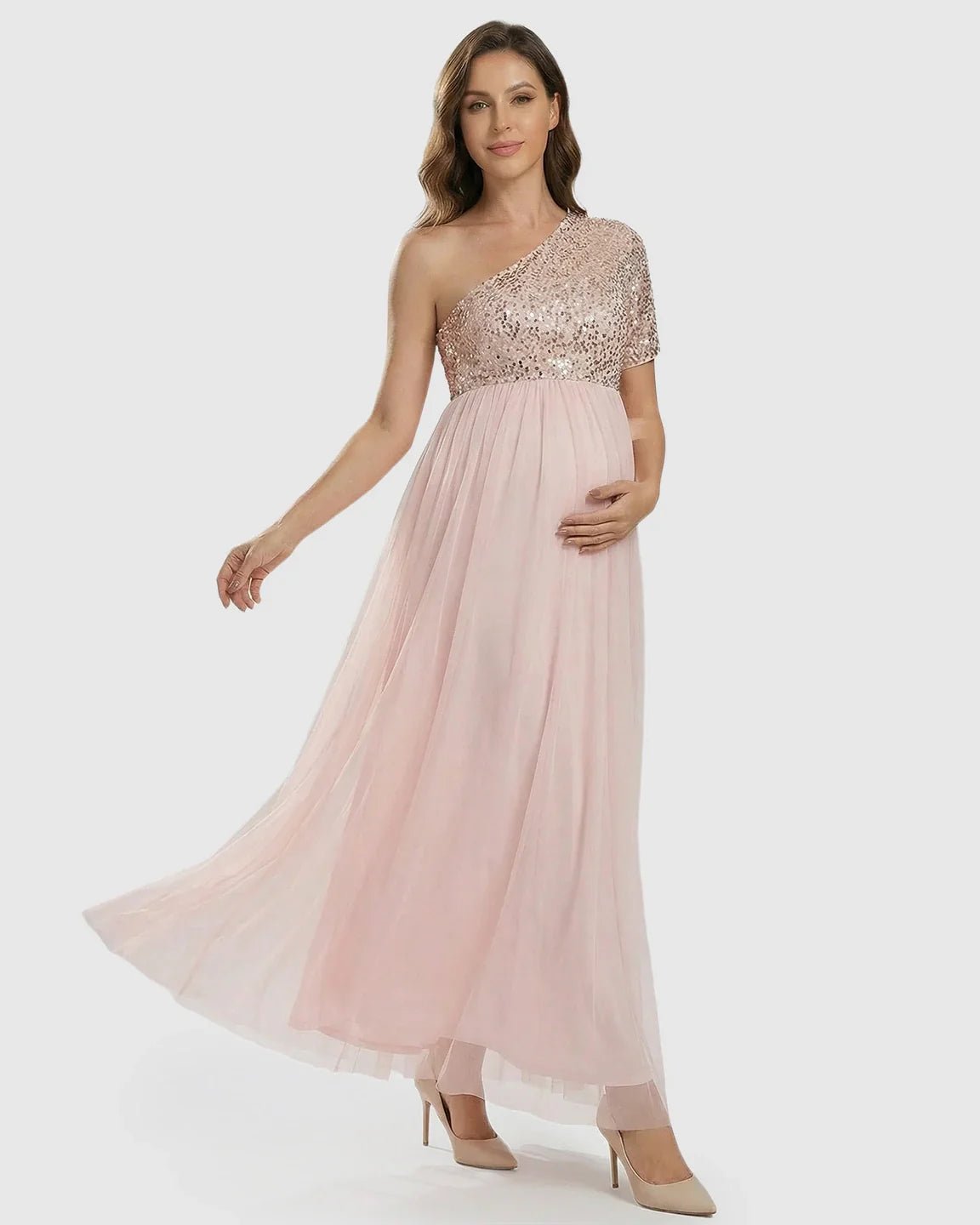 Bump Society – The Comfort Collection: Sequin Bodice Flowing Mesh Maternity Maxi Dress