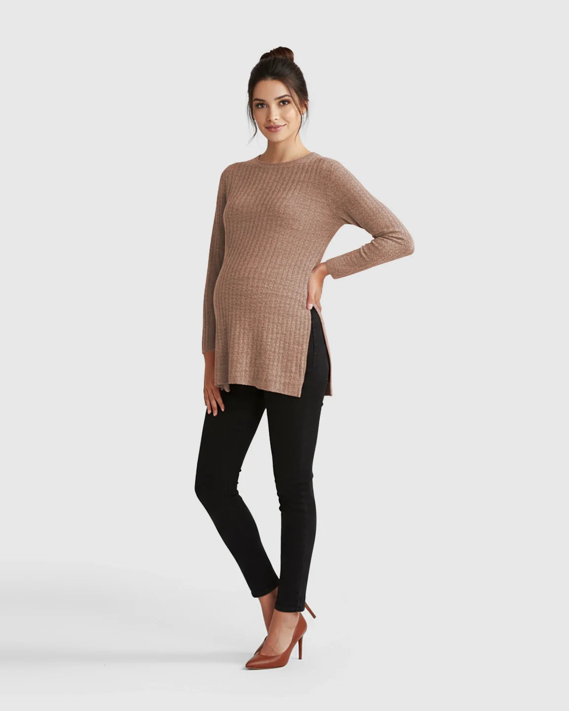 Bump Society – The Comfort Collection: Ribbed Knit Side-Slit Long Sleeve Maternity Top