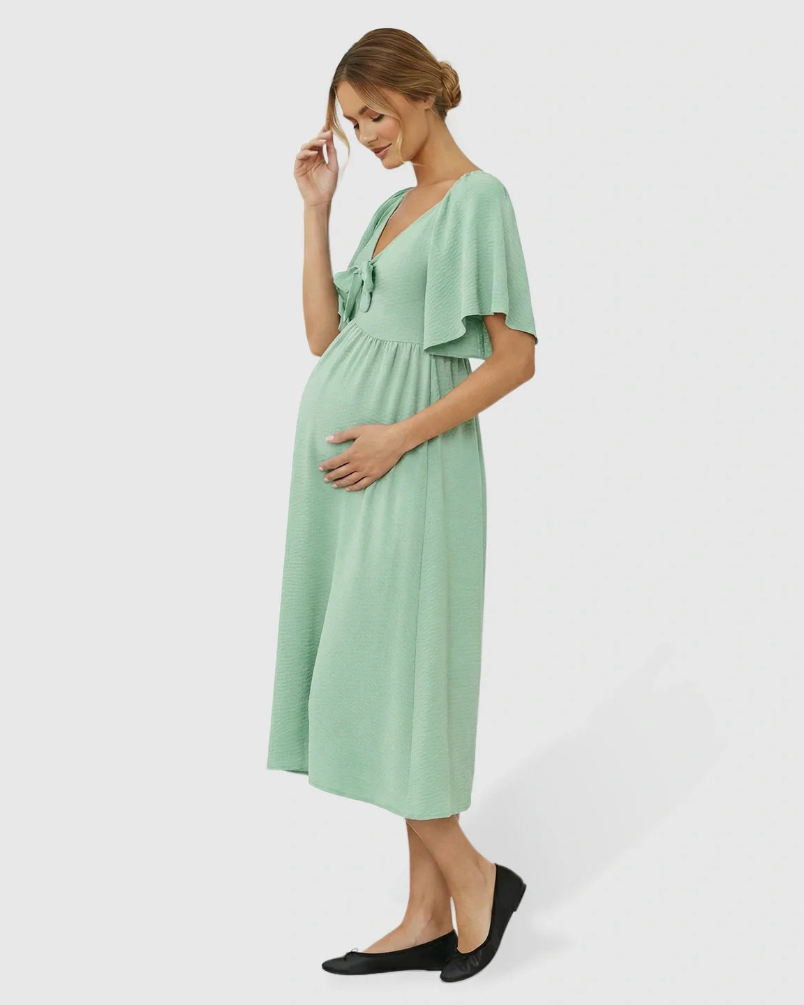 Bump Society – The Comfort Collection: Tie-Knot Front Swing Silhouette Maternity Midi Dress