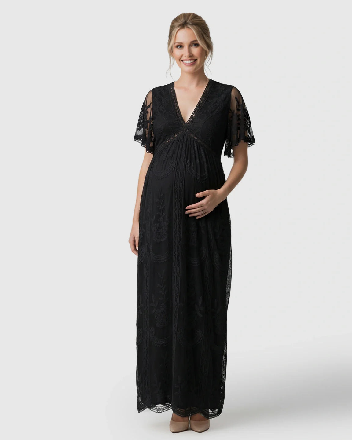 Bump Society – The Comfort Collection: Sheer-Lace Romantic Maternity Maxi Dress