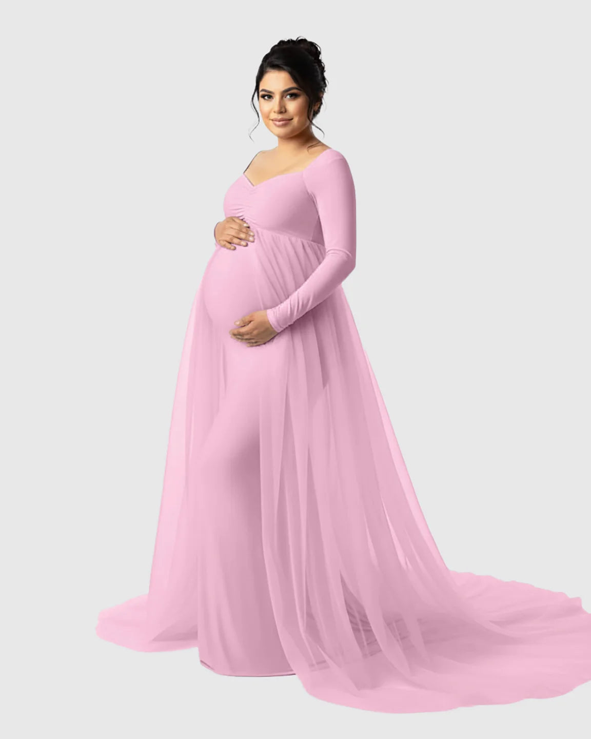 Bump Society – The Comfort Collection: Sheer Mesh Flowy Train Maternity Maxi Dress