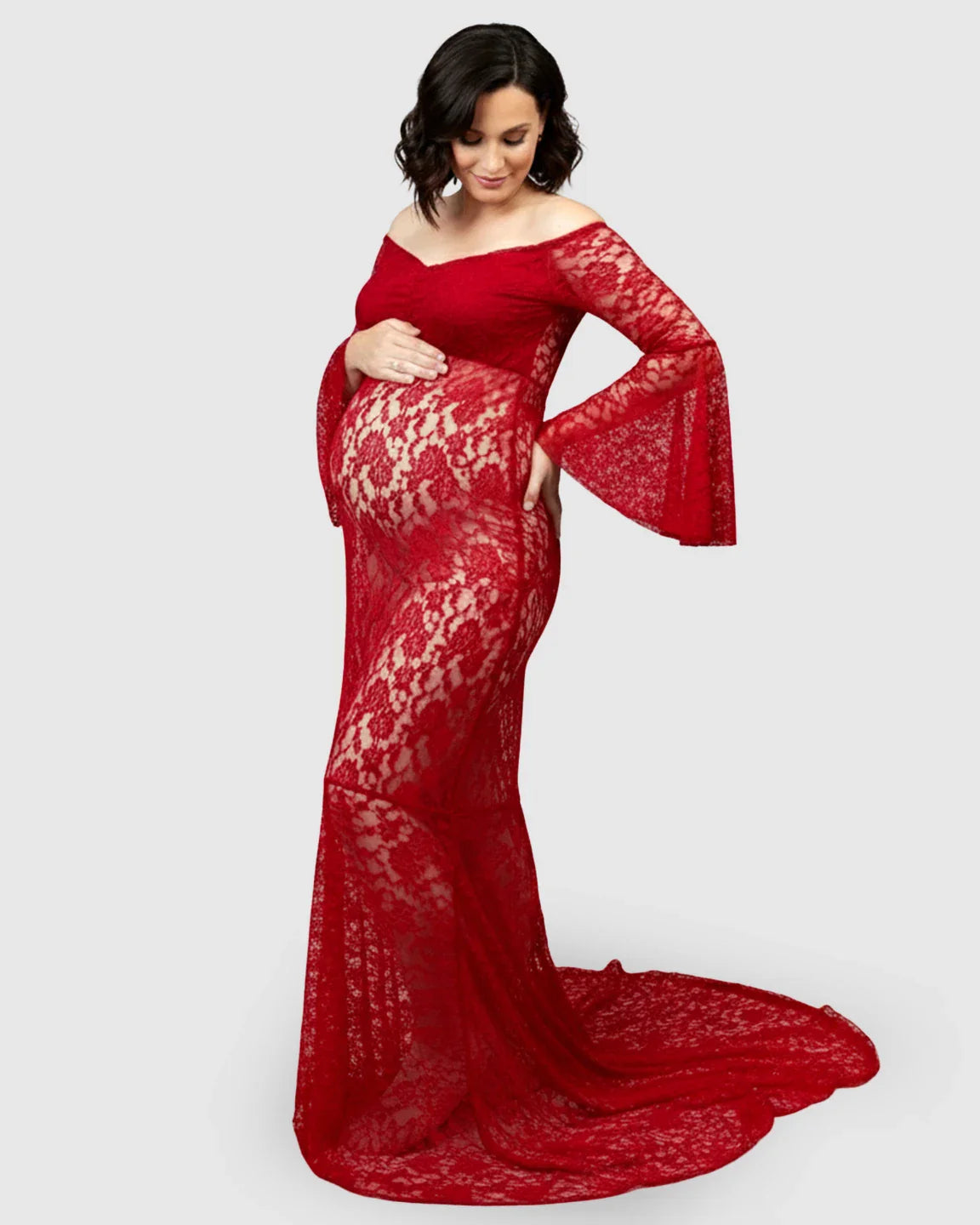 Bump Society – The Comfort Collection: Bell Lace Sleeve Trailing Maternity Gown