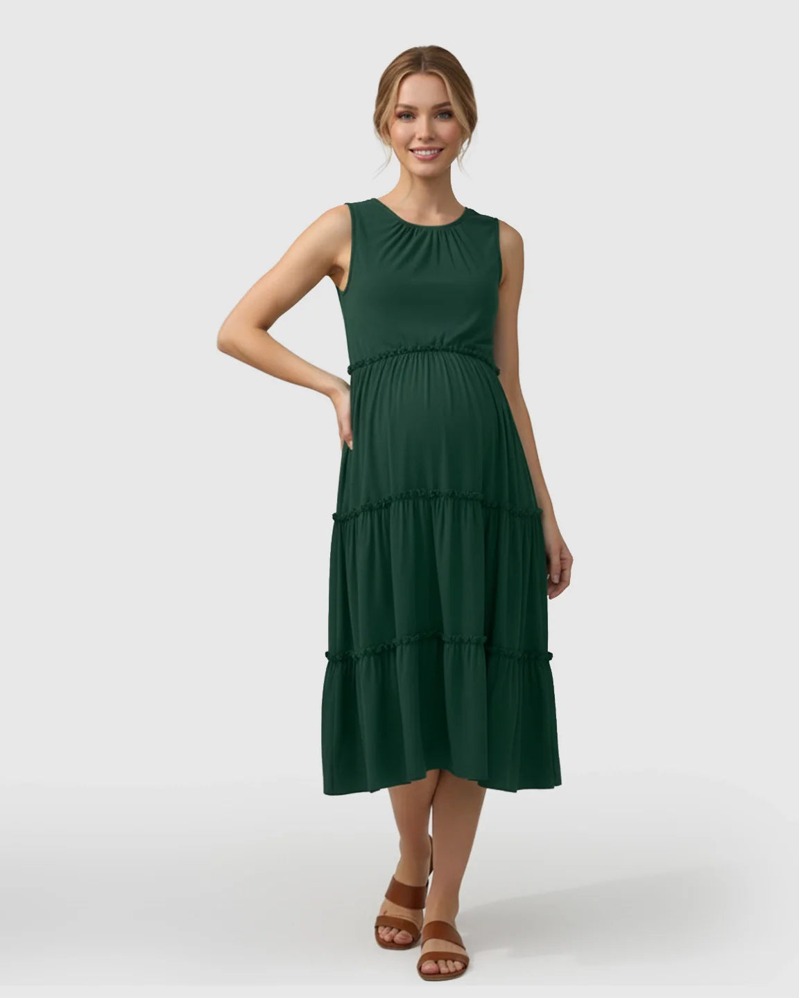 Bump Society – The Comfort Collection: Tiered Ruffle Skirt Casual Maternity Midi Dress